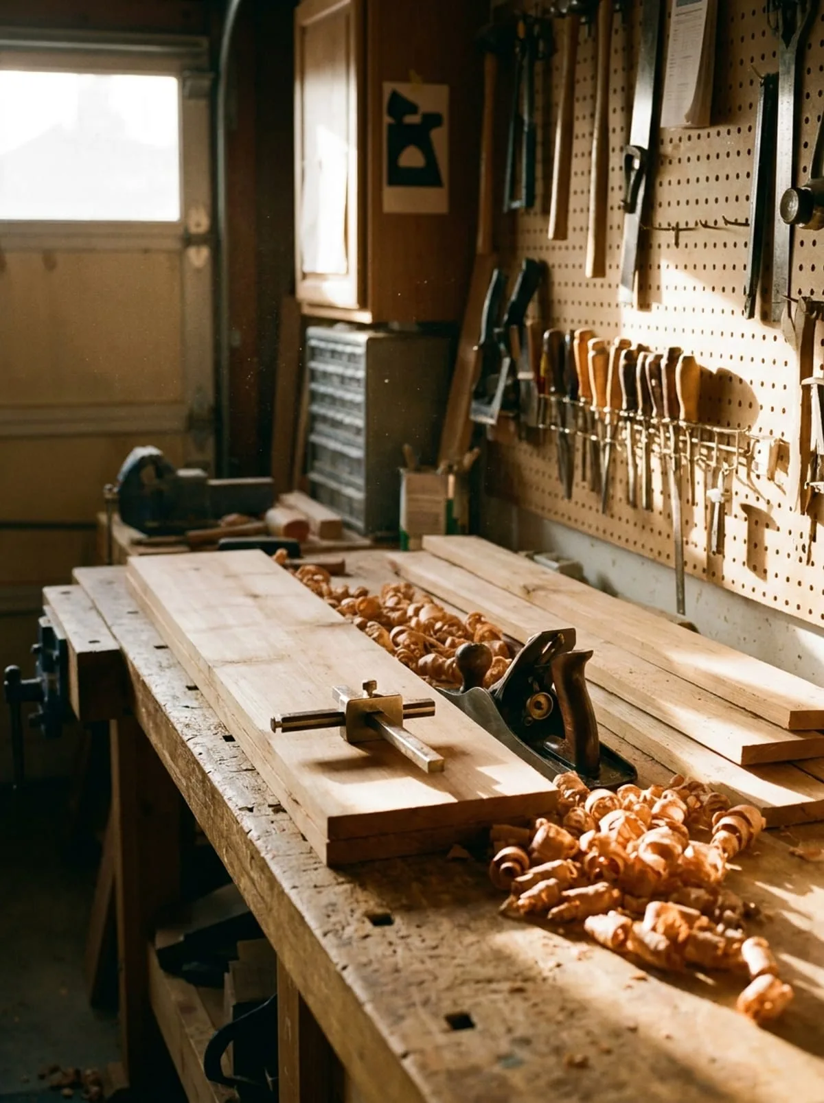 A woodworking bench covered in cedar shavings, hand tools hanging on the wall behind it