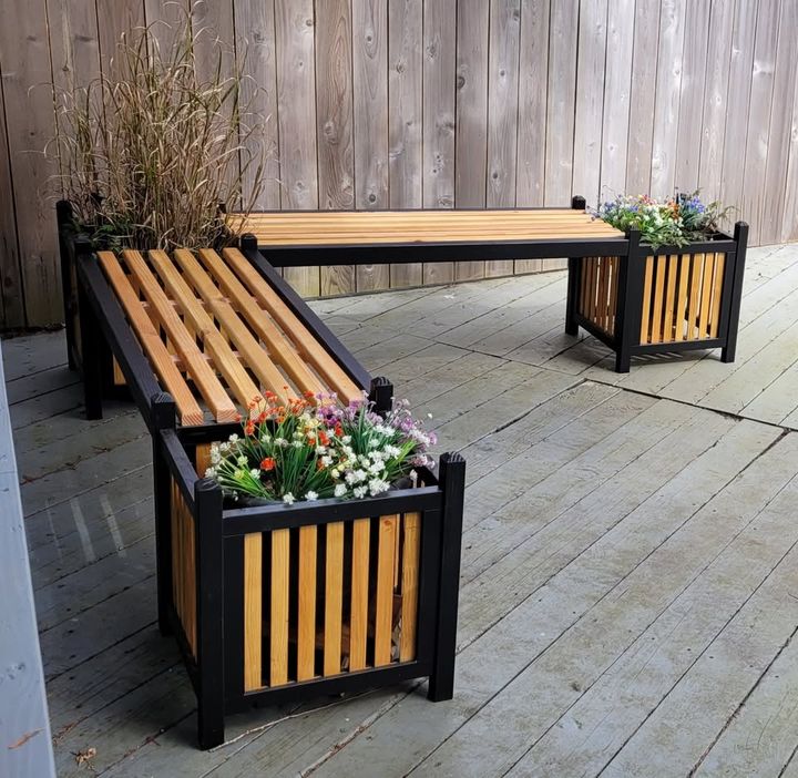 L-shaped patio bench with matching cedar planter boxes on a deck
