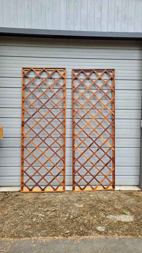 Handmade cedar lattice trellis panels with half-lapped diagonal joints