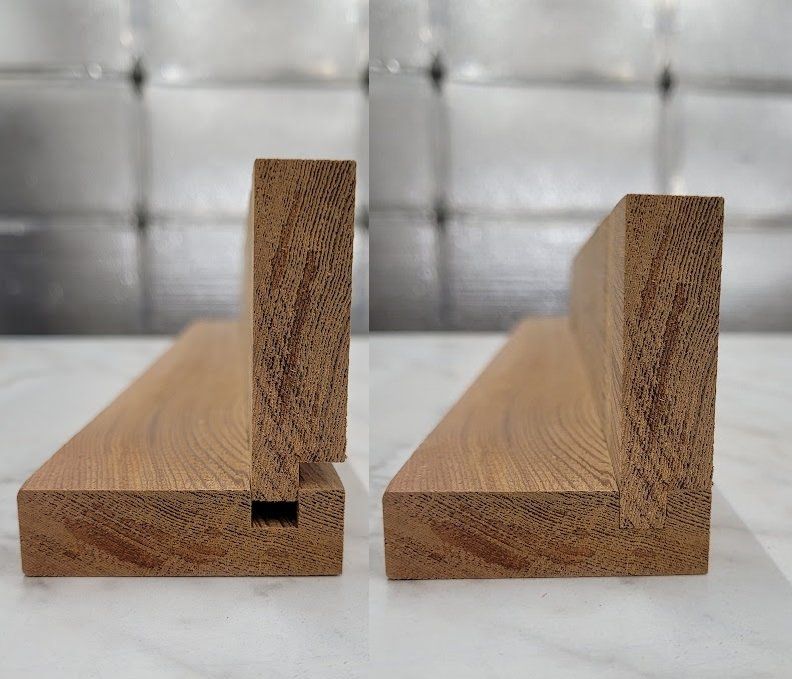 Close-up of a locking dado joint in a cedar planter leg
