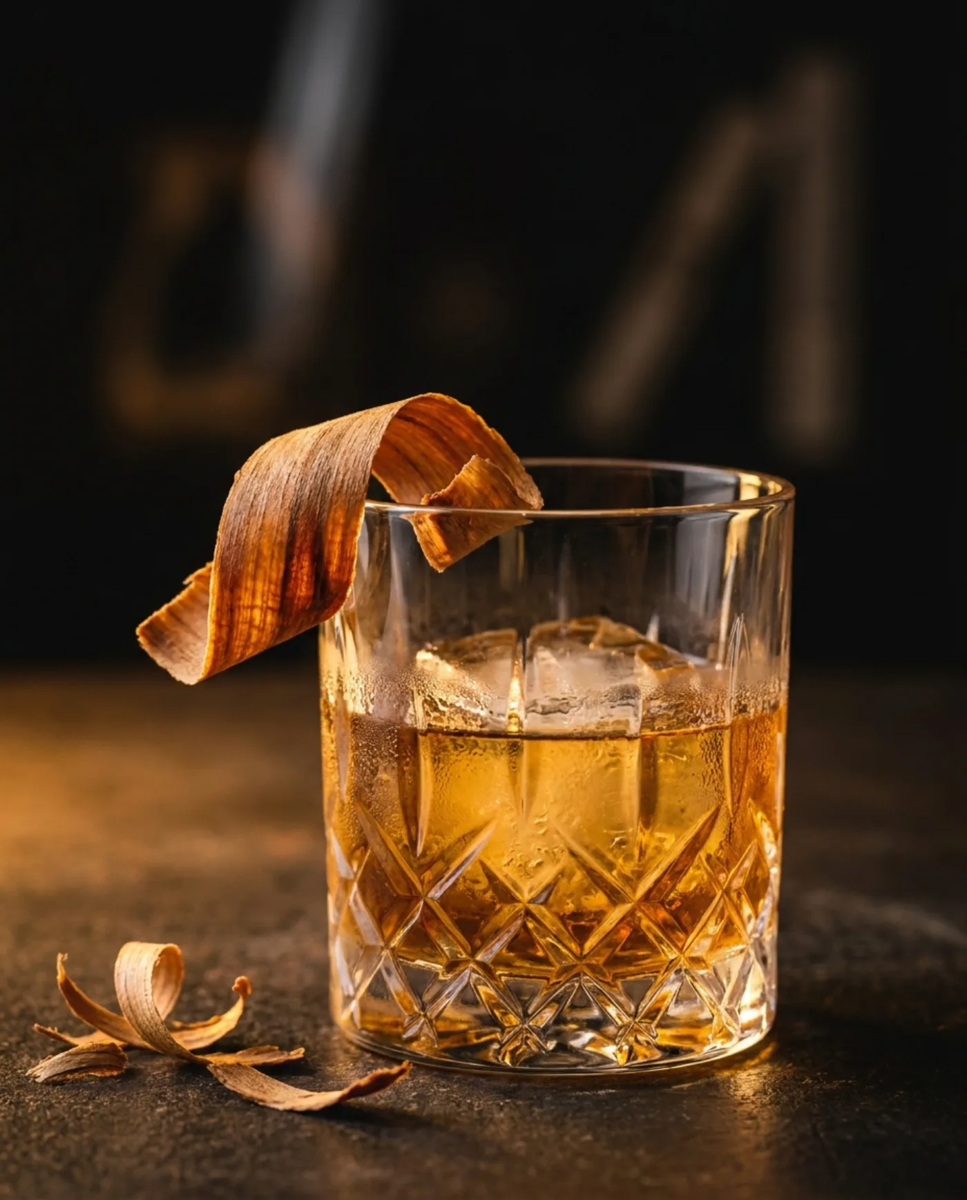 A curled cedar shaving resting over a lowball glass like an orange peel