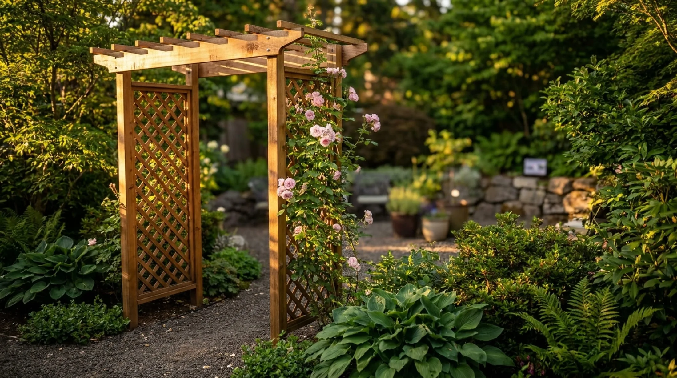 A handbuilt cedar arbor covered in climbing roses in a Pacific Northwest garden at golden hour